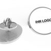 Hochwertige Verarbeitung der runden Metallpins mit Logodruck